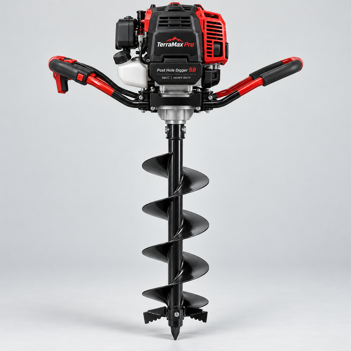 AI-generated illustration of a powered post-hole auger; category preview only, not a currently available product