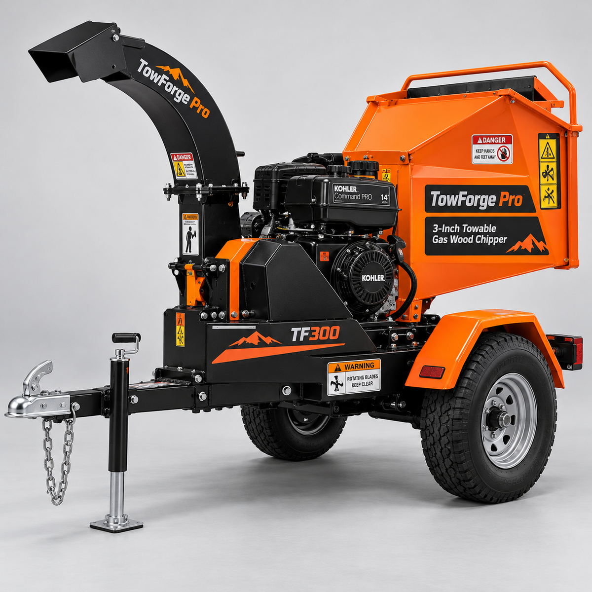 AI-generated illustration of a towable wood chipper; category preview only, not a currently available product