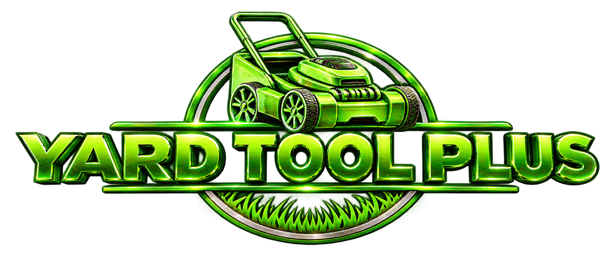 Transparent-background Yard Tool Plus power-green metallic lawnmower emblem with lightly dusty finish and 3D lettering